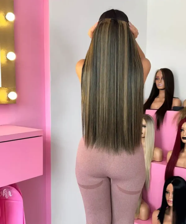 Extensión de Cabello Rubio Dorado con Visos Oscuros