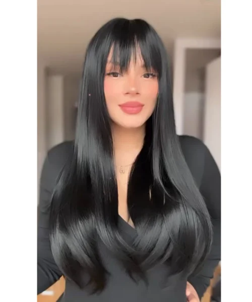 Peluca Lisa Negra con Capul en Capas -1 Peluca clásica seminatural