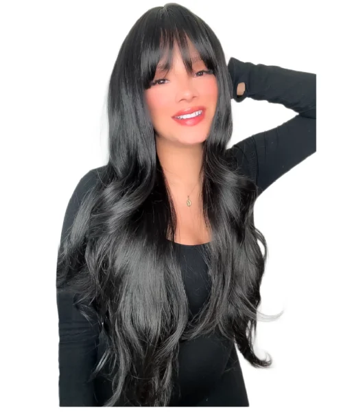 Peluca Negra con Flequillo y Capas Onduladas -1 Peluca clásica seminatural