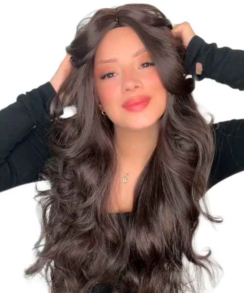 Peluca lisa con puntas onduladas en capas – base castaña media -1 Peluca clásica seminatural